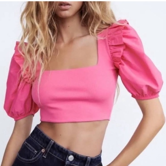 Zara Bubblegum Pink Square Neck Women’s Large Crop Top with Puff Sleeves - Picture 2 of 5